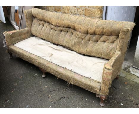 Upholstery project: a country house button back three seater sofa, in a state of disrepair, on sturdy cabriole front legs, ap