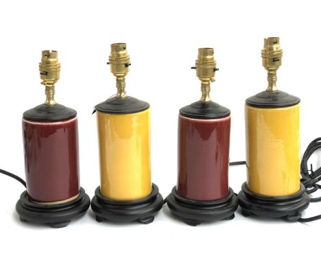 Interior design interest: two pairs of modern red and yellow glazed ceramic table lamps, approx. 27.5cmH to top of fitting 