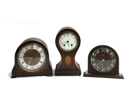 An Edwardian mahogany and marquetry mantel clock, enamel dial with Arabic numerals, 27cmH; together with a Smiths 8 day mante