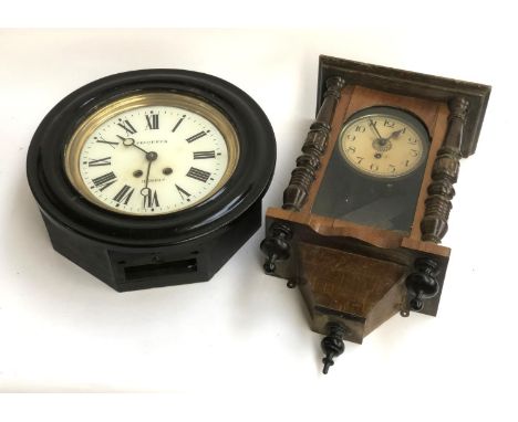 An ebonised wall clock, white enamel dial with Roman numerals, signed Pecqueur, Hesdin, 39cm diameter; together with a furthe