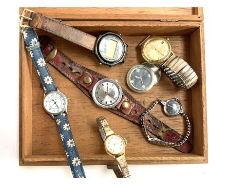 A quantity of watches to include a Timex; Casio Alarm Chronograph; Sandoz Automatic 25 jewels incabloc etc, in a cigar box