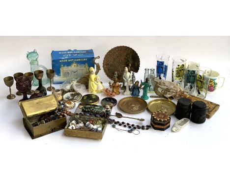 A mixed lot to include various metal items, ashtray, mother of pearl spoon, trinket pot, carved ebony salt and pepper pots, P