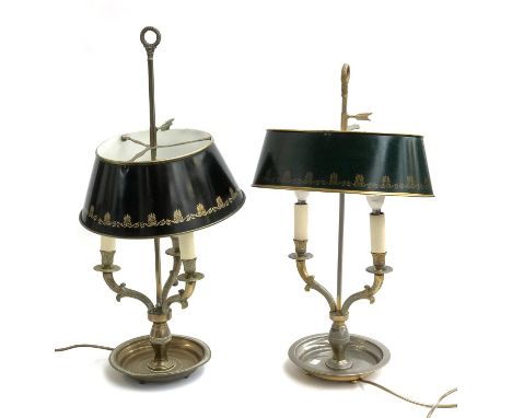 A three fitting bouillotte lamp, the toleware shade with gold painted anthemion detail; together with one other similar two l