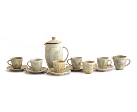 David Leach (1911-2005), studio pottery coffee service (repairs), comprising cups, saucers, coffee pot and milk jug