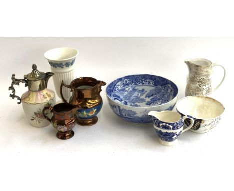 A small mixed lot to include Spode Italian fruit bowl; Carlton ware transfer ware jug with plated lid; two lustre jugs; Wedgw