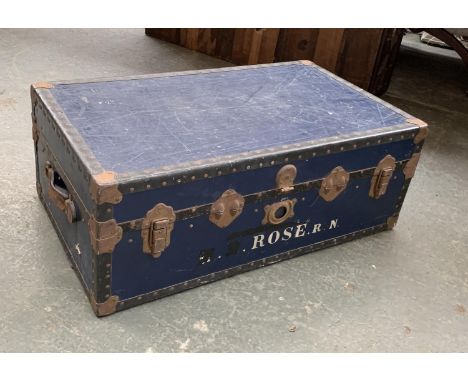 A blue travel trunk, 91cmW 