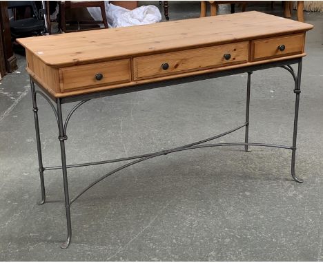 A pine and wrought metal three drawer console table, 124x47x79cmH 