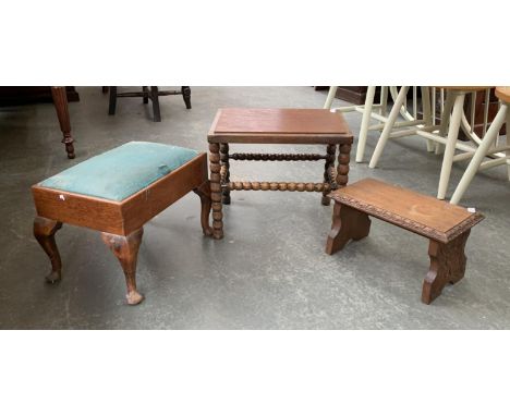 A small oak sewing box; bobbin turned stool and a carved oak stool (3) 