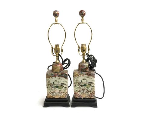 A pair of modern ceramic Chinese table lamps, of rectangular form, on stepped base, 34cmH to top of fitting 