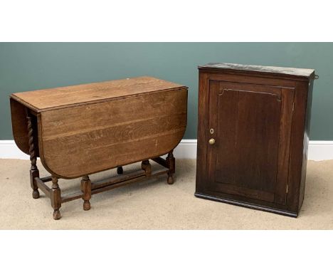 ANTIQUE OAK BARLEY TWIST GATELEG TABLE, 72cms H, 49cms W (142cms open), 107cms D together with a vintage single door cupboard