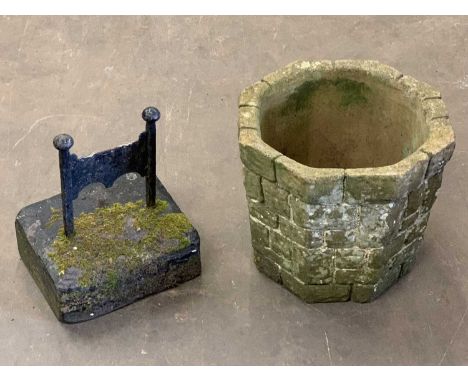 VINTAGE STONE BOOT SCRAPER with slate base and a large stoneware planter, 36 x 40cms