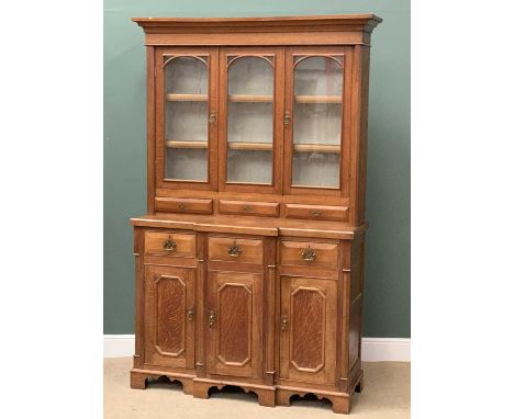 VINTAGE OAK BOOKCASE CUPBOARD, the upper section with two arched glazed doors, and a central arched glazed panel, the breakfr
