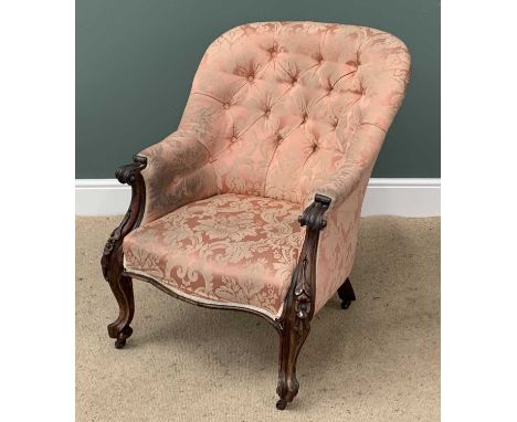 ANTIQUE SALON ARMCHAIR, button backed, pink upholstery with scrolled arms and feet, 89cms H, 70cms W, 52cms D