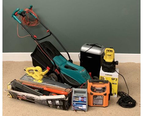 GARDEN &amp; GARAGE TOOLS - an assortment to include Rotak mower, Flymo Sabrecut, Karcher pump, battery chargers, hedge trimm