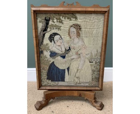 TAPESTRY FIRESCREEN, a fine antique walnut example depicting two ladies, on claw feet, 82cms H, 55cms W, 41cms D