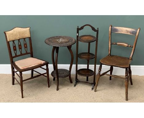 VINTAGE FURNITURE ASSORTMENT (4) to include Eastern two tier table with inlay and carved detail, 67cms H, 43cms diameter, oak