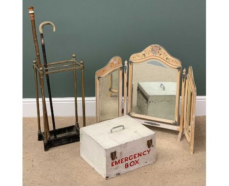 VINTAGE ASORTMENT to include a brass stickstand, 64cms H, 31cms w, 19cms D, quantity of sticks, dressing table triple mirror,