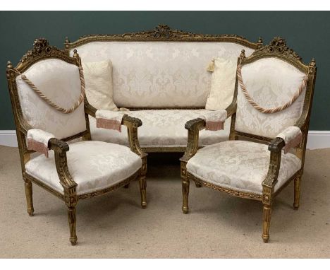 FRENCH STYLE 3 PIECE SALON SUITE comprising ornate gilt framed sofa, 109cms H, 168cms W, 62cms D and pair of armchairs, 102cm