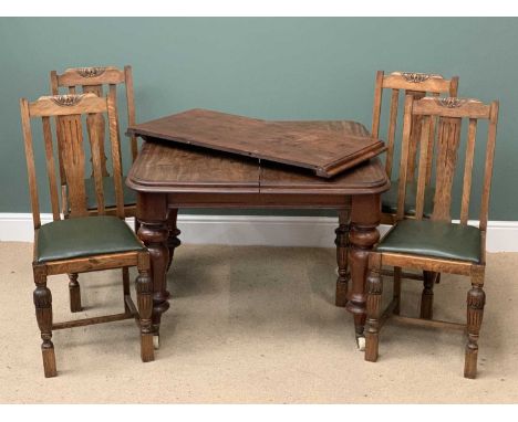 VICTORIAN MAHOGANY WIND-OUT TABLE, 75cms H, 104cms W, 104cms D and extra leaf together with four vintage dining chairs