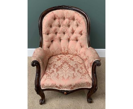 VICTORIAN MAHOGANY SALON ARMCHAIR, button backed, pink upholstery, scrolled arms and supports, 87cms H, 73cms W, 55cms D