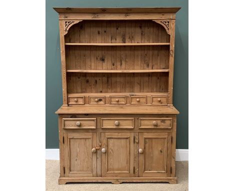 PINE FARMHOUSE TYPE DRESSER, the three shelf rack with five spice drawers, the base with three drawers over three cupboard do