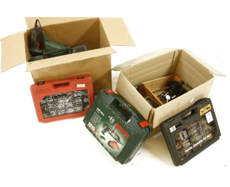 A quantity of Bosch power tools, to include a reciprocating saw, a sander, nuts and bolts, etc