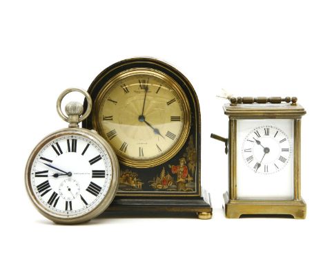 A French brass carriage clock, lacquered clock, by Mappin & Webb, 16cm tall, and a large 'pocket' watch, by Cairns, Portsmout