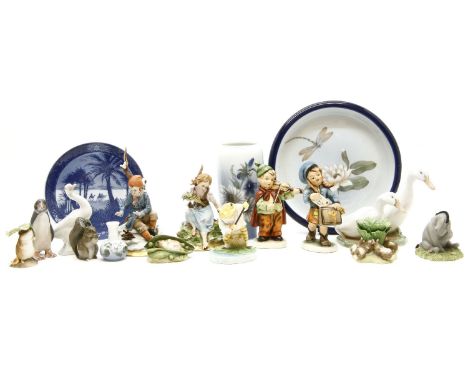 Two Goebel figures, a Beatrix Potter figure of Jeremy Fisher, a collection of Copenhagen porcelain items, and other similar