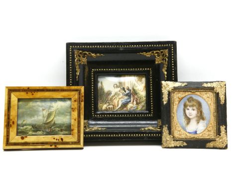 A miniature painting on ivory of a young girl, together with a miniature painting of a couple in a garden scene, and another 