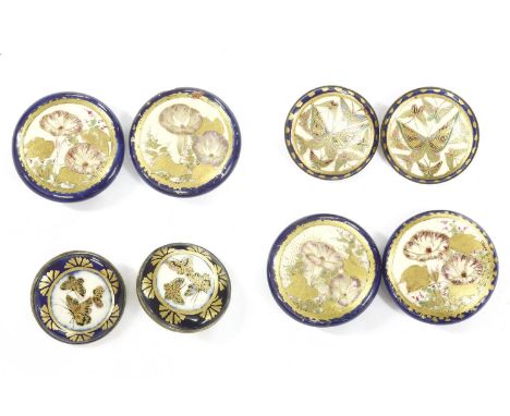 Two pairs of Japanese Satsuma ceramic hat pin heads, with painted polychrome butterfly scenes, and four Japanese Satsuma cera