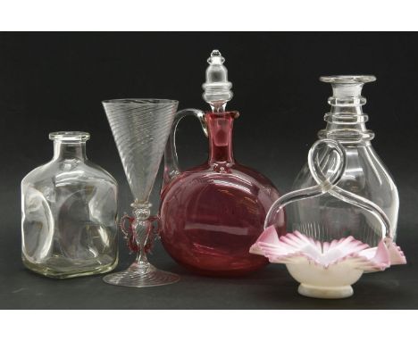 A collection of cranberry glassware, a Facon de Venise type goblet, a pink tinted rolling pin, and clear glass wares (qty)