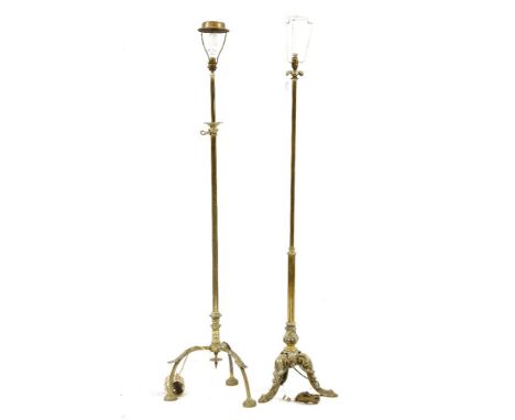 Two telescope brass standard lamps, each with tripod base