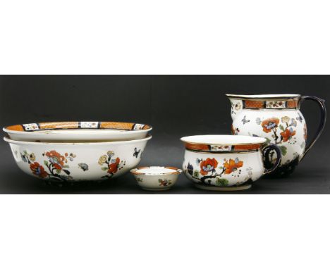 A Losol ware jug and basin, with a further bowl, soap dish, and chamber pot