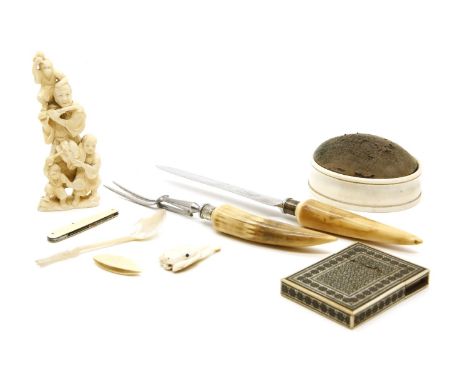 An Anglo-Indian card case, with sadeli work, a Victorian oval ivory pin cushion, a mounted carving set, a Japanese Okimono