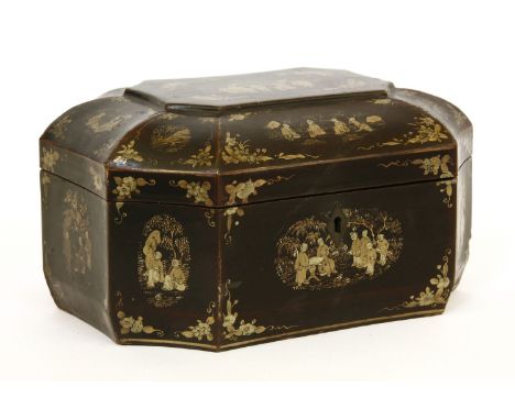 A Victorian lacquered tea caddy, with two internal tin compartments, 23cm wide
