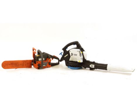 A MacAllister petrol leaf blower, together with a Husquama electric chainsaw