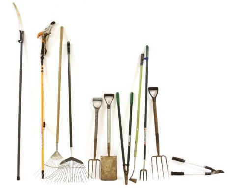 A quantity of gardening tools, to include loppers, rakes, hoes and spades, etc
