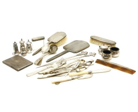 A silver backed dressing table set, together with a small quantity of silver cutlery, together with a silver and engine turne