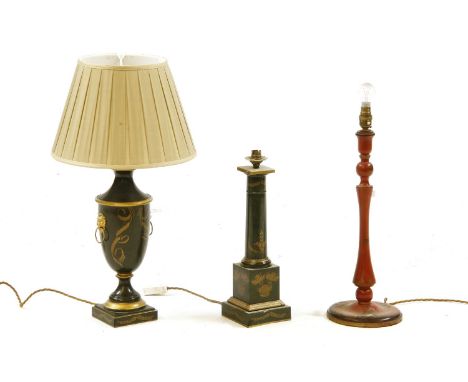 Two painted metal table lamps, one an urn-shaped light with shade, 66cm high, the other a plain column light, 42.5cm high, to