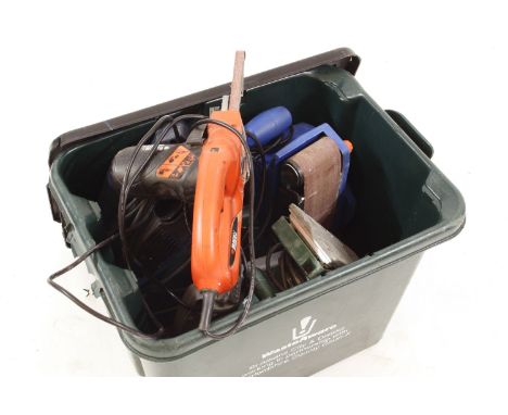 A quantity of power tools, to include a belt sander, a plate sander, an electric lane, and a Bosch circular saw