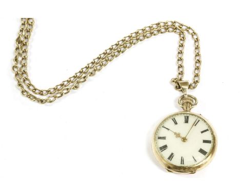 A Continental gold enamel fob watch, white enamel dial with Arabic numerals and engine turned decoration and engraved floral 