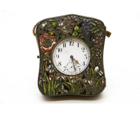 A silver and enamel pocket watch case, the cover enamelled with wisteria, irises and flowers, 12cm high, 10cm wide, with a la