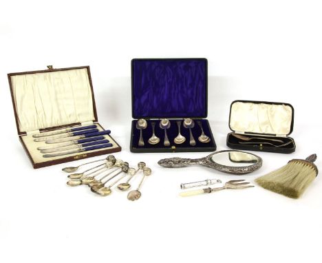 An unusual set of fine silver coffee spoons, with bowl finials, a cased set of six silver grapefruit spoons, a cased silver c