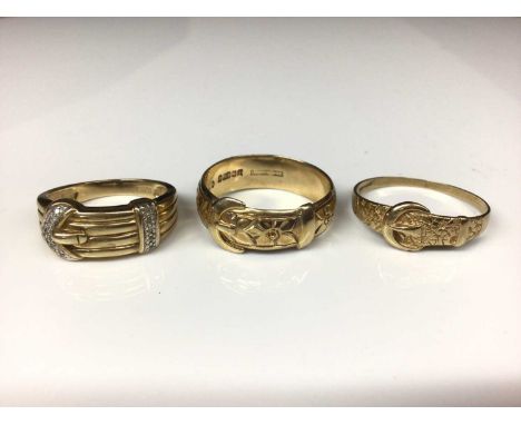9ct gold diamond set buckle ring, size R and two other 9ct gold buckle rings with embossed floral decoration, sizes W½ and Y 