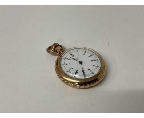 Early 20th century American 10ct gold fob watch with white enamel dial, the rear of the case marked 10K, case 3.7cm in diamet