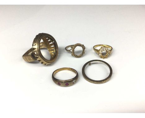 Group of gold broken rings and mounts to include 9ct gold sovereign ring holder, yellow metal circular mount, 9ct gold ring w