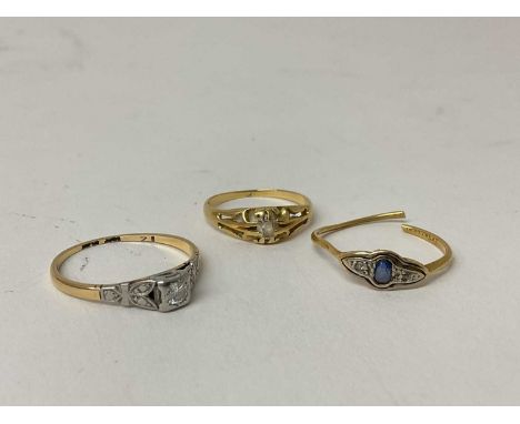 18ct gold diamond single stone ring, ring size Q, another 18ct gold diamond single stone ring, ring size L and an 18ct gold g