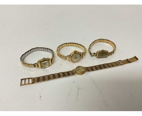 Ladies 9ct gold Rotary wristwatch on 9ct gold bracelet, together with three 9ct gold cased wristwatches on plated expandable 