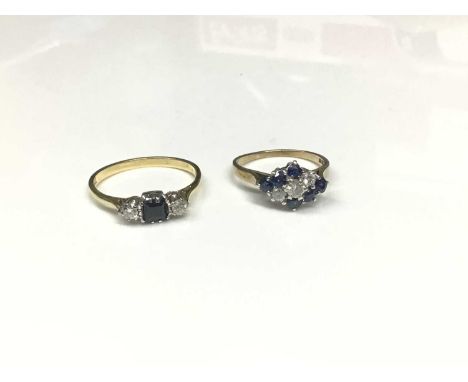 18ct gold diamond and sapphire three stone ring, size S, together with 9ct gold diamond and synthetic blue stone cluster ring