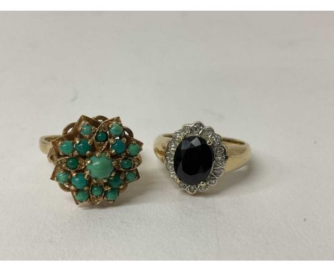 9ct gold turquoise cluster ring, size N 1/2 and a 9ct gold sapphire and diamond ring, size M 1/2 (2).Total weight 10.2 grams